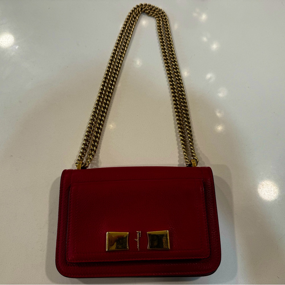 Salvatore Ferragamo small red calfskin shoulder bag with gold chain